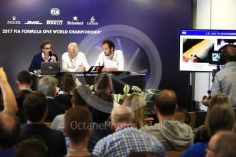 World © Octane Photographic Ltd. Formula 1 - Budapest Grand Prix - Thursday FIA Halo Press Conference. Laurent Mekies FIA safety director, Charlie Whiting FIA Formula One Race Director and Matteo Bonciani Head of F1 Communications. Hungaroring, Budapest, Hungary. Thursday 27th July 2017. Digital Ref: 1897LB1D5668