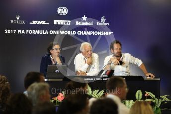 World © Octane Photographic Ltd. Formula 1 - Budapest Grand Prix - Thursday FIA Halo Press Conference. Laurent Mekies FIA safety director, Charlie Whiting FIA Formula One Race Director and Matteo Bonciani Head of F1 Communications. Hungaroring, Budapest, Hungary. Thursday 27th July 2017. Digital Ref: 1897LB1D5684