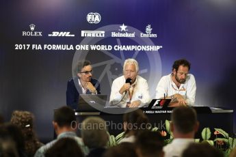 World © Octane Photographic Ltd. Formula 1 - Budapest Grand Prix - Thursday FIA Halo Press Conference. Laurent Mekies FIA safety director, Charlie Whiting FIA Formula One Race Director and Matteo Bonciani Head of F1 Communications. Hungaroring, Budapest, Hungary. Thursday 27th July 2017. Digital Ref: 1897LB1D5703