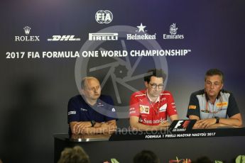 World © Octane Photographic Ltd. Formula 1 - Budapest Grand Prix- Team Press Conference. Frederic Vasseur– Team Principal and CEO of Sauber Motorsport AG, Mario Isola – Pirelli Head of Car Racing and Mattia Binotto – Chief Technical Officer - Scuderia Ferrari.. Hungaroring, Budapest, Hungary. Friday 28th July 2017. Digital Ref: 1904LB5D2538