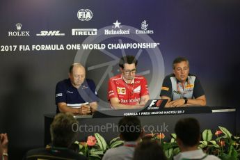 World © Octane Photographic Ltd. Formula 1 - Budapest Grand Prix- Team Press Conference. Frederic Vasseur– Team Principal and CEO of Sauber Motorsport AG, Mario Isola – Pirelli Head of Car Racing and Mattia Binotto – Chief Technical Officer - Scuderia Ferrari.. Hungaroring, Budapest, Hungary. Friday 28th July 2017. Digital Ref: 1904LB5D2545