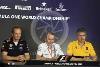 World © Octane Photographic Ltd. Formula 1 - Budapest Grand Prix- Team Press Conference – Part 2. Nick Chester – Chassis Technical Director at Renault Sport Formula 1 Team, Paul Monaghan - Chief Engineer of Red Bull Racing and Paddy Lowe - Chief Technical Officer at Williams Martini Racing. Hungaroring, Budapest, Hungary. Thursday 27th July 2017. Digital Ref: 1904LB5D2555