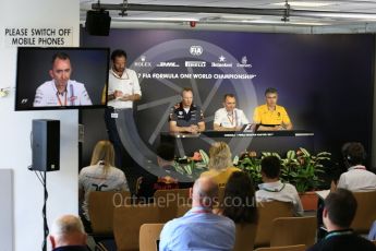 World © Octane Photographic Ltd. Formula 1 - Budapest Grand Prix- Team Press Conference – Part 2. Nick Chester – Chassis Technical Director at Renault Sport Formula 1 Team, Paul Monaghan - Chief Engineer of Red Bull Racing and Paddy Lowe - Chief Technical Officer at Williams Martini Racing. Hungaroring, Budapest, Hungary. Thursday 27th July 2017. Digital Ref: 1904LB5D2560