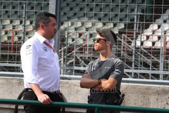 World © Octane Photographic Ltd. Formula 1 - Hungarian in-season testing. Nyck de Vries - McLaren Honda reserve driver and Eric Boullier. Hungaroring, Budapest, Hungary. Wednesday 2nd August 2017. Digital Ref: