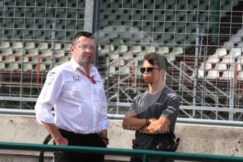 World © Octane Photographic Ltd. Formula 1 - Hungarian in-season testing. Nyck de Vries - McLaren Honda reserve driver and Eric Boullier. Hungaroring, Budapest, Hungary. Wednesday 2nd August 2017. Digital Ref: