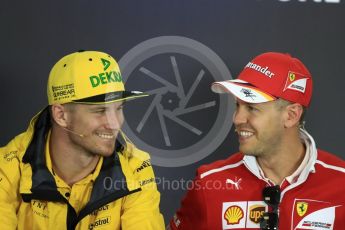World © Octane Photographic Ltd. Formula 1 - Budapest Grand Prix – Thursday Driver Press Conference – Part 1. Sebastian Vettel - Scuderia Ferrari and Nico Hulkenberg - Renault Sport F1 Team. Hungaroring, Budapest, Hungary. Thursday 27th July 2017. Digital Ref: 1894LB1D5733