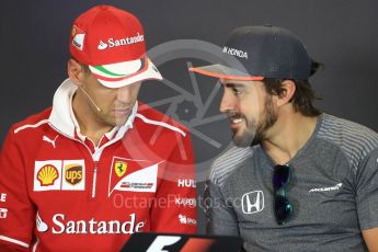 World © Octane Photographic Ltd. Formula 1 - Budapest Grand Prix – Thursday Driver Press Conference – Part 1. Sebastian Vettel - Scuderia Ferrari and Fernando Alonso - McLaren Honda. Hungaroring, Budapest, Hungary. Thursday 27th July 2017. Digital Ref: 1894LB1D5851
