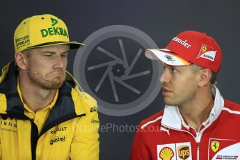 World © Octane Photographic Ltd. Formula 1 - Budapest Grand Prix – Thursday Driver Press Conference – Part 1. Sebastian Vettel - Scuderia Ferrari and Nico Hulkenberg - Renault Sport F1 Team. Hungaroring, Budapest, Hungary. Thursday 27th July 2017. Digital Ref: 1894LB1D5920