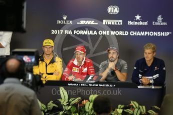 World © Octane Photographic Ltd. Formula 1 - Budapest Grand Prix – Thursday Driver Press Conference – Part 1. Fernando Alonso - McLaren Honda, Marcus Ericsson – Sauber F1 Team, Nico Hulkenberg - Renault Sport F1 Team and Sebastian Vettel - Scuderia Ferrari. Hungaroring, Budapest, Hungary. Thursday 27th July 2017. Digital Ref: 1894LB2D0571