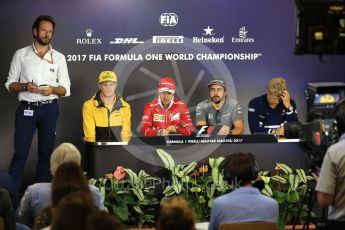 World © Octane Photographic Ltd. Formula 1 - Budapest Grand Prix – Thursday Driver Press Conference – Part 1. Fernando Alonso - McLaren Honda, Marcus Ericsson – Sauber F1 Team, Nico Hulkenberg - Renault Sport F1 Team and Sebastian Vettel - Scuderia Ferrari. Hungaroring, Budapest, Hungary. Thursday 27th July 2017. Digital Ref: 1894LB2D0584