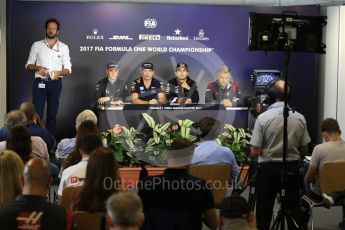 World © Octane Photographic Ltd. Formula 1 - Budapest Grand Prix – Thursday Driver Press Conference – Part 2. Kevin Magnussen - Haas F1 Team, Sergio Perez - Sahara Force India, Stoffel Vandoorne - McLaren Honda and Max Verstappen - Red Bull Racing. Hungaroring, Budapest, Hungary. Thursday 27th July 2017. Digital Ref: 1894LB2D0610