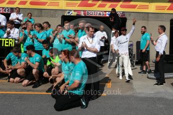 World © Octane Photographic Ltd. Formula 1 - Canadian Grand Prix - Sunday Race. Lewis Hamilton and Valtteri Bottas - Mercedes AMG Petronas F1 Team Celebration after wining Canadian GP. Circuit Gilles Villeneuve, Montreal, Canada. Sunday 11th June 2017. Digital Ref: 1859LB2D3943