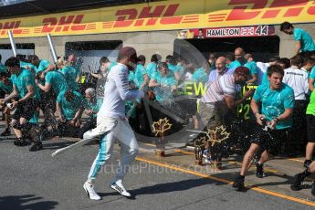 World © Octane Photographic Ltd. Formula 1 - Canadian Grand Prix - Sunday Race. Lewis Hamilton and Valtteri Bottas - Mercedes AMG Petronas F1 Team Celebration after wining Canadian GP. Circuit Gilles Villeneuve, Montreal, Canada. Sunday 11th June 2017. Digital Ref: 1859LB2D4018