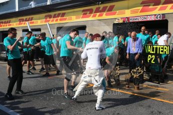 World © Octane Photographic Ltd. Formula 1 - Canadian Grand Prix - Sunday Race. Lewis Hamilton and Valtteri Bottas - Mercedes AMG Petronas F1 Team Celebration after wining Canadian GP. Circuit Gilles Villeneuve, Montreal, Canada. Sunday 11th June 2017. Digital Ref: 1859LB2D4035