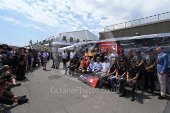 World © Octane Photographic Ltd. Formula 1 – 50 years of F1 in Canada – Class of 2017 - Driver Group Photo. Kimi Raikkonen, Ferrari, Sebastian Vettel, Ferrari, Valtteri Bottas, Mercedes AMG, Lewis Hamilton, Mercedes AMG, Daniel Ricciardo, Red Bull Racing, Max Verstappen, Red Bull, Sergio Perez, Force India, and Esteban Ocon, Force India. Stoffel Vandoorne, McLaren, Fernando Alonso, McLaren, Felipe Massa, Williams Martini Racing, Lance Stroll, Williams Martini Racing, Nico Hulkenberg, Renault and Jolyon Palmer, Renault Sport F1. Kevin Magnussen, Haas F1, Romain Grosjean, Haas F1, Daniil Kvyat, Toro Rosso, Carlos Sainz Jr, Toro Rosso, Marcus Ericsson, Sauber and Pascal Wehrlein, Sauber with Ross Brawn, Chase Carey and Jean Todt. Circuit Gilles Villeneuve, Montreal, Canada. Sunday 11th June 2017. Digital Ref: 1856LB2D3243