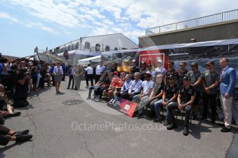 World © Octane Photographic Ltd. Formula 1 – 50 years of F1 in Canada – Class of 2017 - Driver Group Photo. Kimi Raikkonen, Ferrari, Sebastian Vettel, Ferrari, Valtteri Bottas, Mercedes AMG, Lewis Hamilton, Mercedes AMG, Daniel Ricciardo, Red Bull Racing, Max Verstappen, Red Bull, Sergio Perez, Force India, and Esteban Ocon, Force India. Stoffel Vandoorne, McLaren, Fernando Alonso, McLaren, Felipe Massa, Williams Martini Racing, Lance Stroll, Williams Martini Racing, Nico Hulkenberg, Renault and Jolyon Palmer, Renault Sport F1. Kevin Magnussen, Haas F1, Romain Grosjean, Haas F1, Daniil Kvyat, Toro Rosso, Carlos Sainz Jr, Toro Rosso, Marcus Ericsson, Sauber and Pascal Wehrlein, Sauber with Ross Brawn, Chase Carey and Jean Todt. Circuit Gilles Villeneuve, Montreal, Canada. Sunday 11th June 2017. Digital Ref: 1856LB2D3249