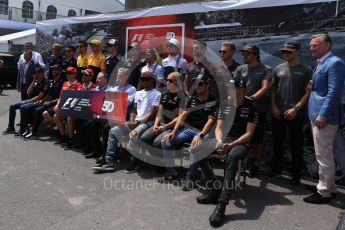 World © Octane Photographic Ltd. Formula 1 – 50 years of F1 in Canada – Class of 2017 - Driver Group Photo. Kimi Raikkonen, Ferrari, Sebastian Vettel, Ferrari, Valtteri Bottas, Mercedes AMG, Lewis Hamilton, Mercedes AMG, Daniel Ricciardo, Red Bull Racing, Max Verstappen, Red Bull, Sergio Perez, Force India, and Esteban Ocon, Force India. Stoffel Vandoorne, McLaren, Fernando Alonso, McLaren, Felipe Massa, Williams Martini Racing, Lance Stroll, Williams Martini Racing, Nico Hulkenberg, Renault and Jolyon Palmer, Renault Sport F1. Kevin Magnussen, Haas F1, Romain Grosjean, Haas F1, Daniil Kvyat, Toro Rosso, Carlos Sainz Jr, Toro Rosso, Marcus Ericsson, Sauber and Pascal Wehrlein, Sauber with Ross Brawn, Chase Carey and Jean Todt. Circuit Gilles Villeneuve, Montreal, Canada. Sunday 11th June 2017. Digital Ref: 1856LB2D3271