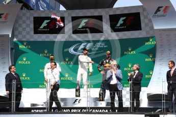 World © Octane Photographic Ltd. Formula 1 - Canadian Grand Prix - Sunday Race - Podium. Lewis Hamilton - Mercedes AMG Petronas F1 W08 EQ Energy+ and Valtteri Bottas, Daniel Ricciardo - Red Bull Racing RB13. Circuit Gilles Villeneuve, Montreal, Canada. Sunday 11th June 2017. Digital Ref: 1858LB1D8439