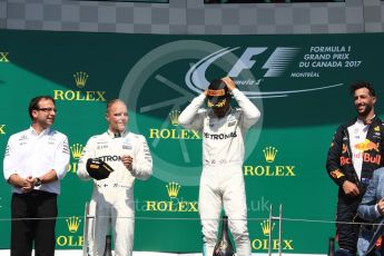 World © Octane Photographic Ltd. Formula 1 - Canadian Grand Prix - Sunday Race - Podium. Lewis Hamilton - Mercedes AMG Petronas F1 W08 EQ Energy+ and Valtteri Bottas, Daniel Ricciardo - Red Bull Racing RB13. Circuit Gilles Villeneuve, Montreal, Canada. Sunday 11th June 2017. Digital Ref: 1858LB1D8525