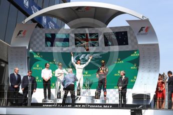 World © Octane Photographic Ltd. Formula 1 - Canadian Grand Prix - Sunday Race - Podium. Lewis Hamilton - Mercedes AMG Petronas F1 W08 EQ Energy+ and Valtteri Bottas, Daniel Ricciardo - Red Bull Racing RB13. Circuit Gilles Villeneuve, Montreal, Canada. Sunday 11th June 2017. Digital Ref: 1858LB1D8539