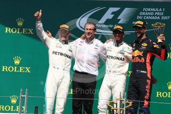 World © Octane Photographic Ltd. Formula 1 - Canadian Grand Prix - Sunday Race - Podium. Lewis Hamilton - Mercedes AMG Petronas F1 W08 EQ Energy+ and Valtteri Bottas, Daniel Ricciardo - Red Bull Racing RB13. Circuit Gilles Villeneuve, Montreal, Canada. Sunday 11th June 2017. Digital Ref: 1858LB1D8781