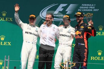 World © Octane Photographic Ltd. Formula 1 - Canadian Grand Prix - Sunday Race - Podium. Lewis Hamilton - Mercedes AMG Petronas F1 W08 EQ Energy+ and Valtteri Bottas, Daniel Ricciardo - Red Bull Racing RB13. Circuit Gilles Villeneuve, Montreal, Canada. Sunday 11th June 2017. Digital Ref: 1858LB1D8789