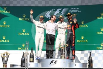 World © Octane Photographic Ltd. Formula 1 - Canadian Grand Prix - Sunday Race - Podium. Lewis Hamilton - Mercedes AMG Petronas F1 W08 EQ Energy+ and Valtteri Bottas, Daniel Ricciardo - Red Bull Racing RB13. Circuit Gilles Villeneuve, Montreal, Canada. Sunday 11th June 2017. Digital Ref: 1858LB1D8796