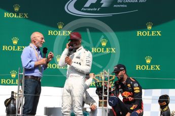 World © Octane Photographic Ltd. Formula 1 - Canadian Grand Prix - Sunday Race - Podium. Lewis Hamilton - Mercedes AMG Petronas F1 W08 EQ Energy+ and Sir Patrick Stewart. Circuit Gilles Villeneuve, Montreal, Canada. Sunday 11th June 2017. Digital Ref: 1858LB1D8842