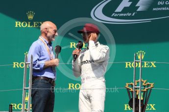 World © Octane Photographic Ltd. Formula 1 - Canadian Grand Prix - Sunday Race - Podium. Lewis Hamilton - Mercedes AMG Petronas F1 W08 EQ Energy+ and Sir Patrick Stewart. Circuit Gilles Villeneuve, Montreal, Canada. Sunday 11th June 2017. Digital Ref: 1858LB1D8869