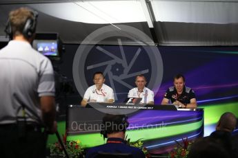 World © Octane Photographic Ltd. Formula 1 - Canadian Grand Prix - Friday FIA Team Personnel Press Conference. Yusuke Hasegawa – Chief of Honda F1 project, Paddy Lowe - Chief Technical Officer at Williams Martini Racing and Jody Egginton - Head of Vehicle Performance. Circuit Gilles Villeneuve, Montreal, Canada. Friday 9th June 2017. Digital Ref: 1852LB2D2711