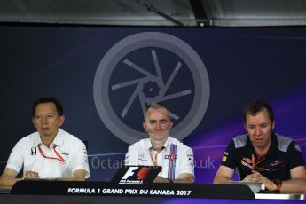 World © Octane Photographic Ltd. Formula 1 - Canadian Grand Prix - Friday FIA Team Personnel Press Conference. Yusuke Hasegawa – Chief of Honda F1 project, Paddy Lowe - Chief Technical Officer at Williams Martini Racing and Jody Egginton - Head of Vehicle Performance. Circuit Gilles Villeneuve, Montreal, Canada. Friday 9th June 2017. Digital Ref: 1852LB2D2719
