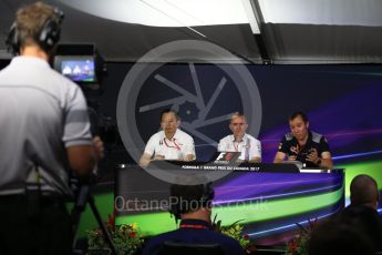 World © Octane Photographic Ltd. Formula 1 - Canadian Grand Prix - Friday FIA Team Personnel Press Conference. Yusuke Hasegawa – Chief of Honda F1 project, Paddy Lowe - Chief Technical Officer at Williams Martini Racing and Jody Egginton - Head of Vehicle Performance. Circuit Gilles Villeneuve, Montreal, Canada. Friday 9th June 2017. Digital Ref: 1852LB2D2725