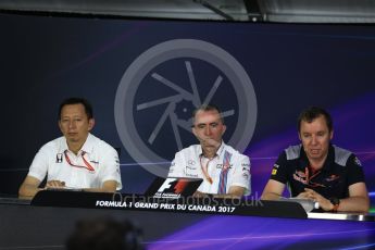 World © Octane Photographic Ltd. Formula 1 - Canadian Grand Prix - Friday FIA Team Personnel Press Conference. Yusuke Hasegawa – Chief of Honda F1 project, Paddy Lowe - Chief Technical Officer at Williams Martini Racing and Jody Egginton - Head of Vehicle Performance. Circuit Gilles Villeneuve, Montreal, Canada. Friday 9th June 2017. Digital Ref: 1852LB2D2734