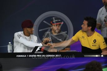 World © Octane Photographic Ltd. Formula 1 - Canadian Grand Prix – Thursday Drivers Press Conference. Lewis Hamilton - Mercedes AMG Petronas F1 Team, Fernando Alonso - McLaren Honda and Jolyon Palmer - Renault Sport F1 Team. Circuit Gilles Villeneuve, Montreal, Canada. Thursday 8th June 2017. Digital Ref: 1847LB2D1217
