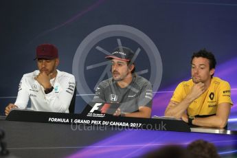World © Octane Photographic Ltd. Formula 1 - Canadian Grand Prix – Thursday Drivers Press Conference. Lewis Hamilton - Mercedes AMG Petronas F1 Team, Fernando Alonso - McLaren Honda and Jolyon Palmer - Renault Sport F1 Team. Circuit Gilles Villeneuve, Montreal, Canada. Thursday 8th June 2017. Digital Ref: 1847LB2D1246