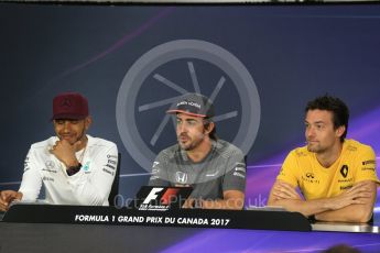 World © Octane Photographic Ltd. Formula 1 - Canadian Grand Prix – Thursday Drivers Press Conference. Lewis Hamilton - Mercedes AMG Petronas F1 Team, Fernando Alonso - McLaren Honda and Jolyon Palmer - Renault Sport F1 Team. Circuit Gilles Villeneuve, Montreal, Canada. Thursday 8th June 2017. Digital Ref: 1847LB2D1253