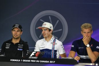 World © Octane Photographic Ltd. Formula 1 - Canadian Grand Prix – Thursday Drivers Press Conference. Sergio Perez - Sahara Force India, Lance Stroll - Williams Martini Racing and Marcus Ericsson – Sauber F1 Team. Circuit Gilles Villeneuve, Montreal, Canada. Thursday 8th June 2017. Digital Ref: 1847LB2D1265