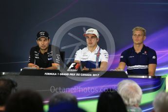 World © Octane Photographic Ltd. Formula 1 - Canadian Grand Prix – Thursday Drivers Press Conference. Sergio Perez - Sahara Force India, Lance Stroll - Williams Martini Racing and Marcus Ericsson – Sauber F1 Team. Circuit Gilles Villeneuve, Montreal, Canada. Thursday 8th June 2017. Digital Ref: 1847LB2D1291