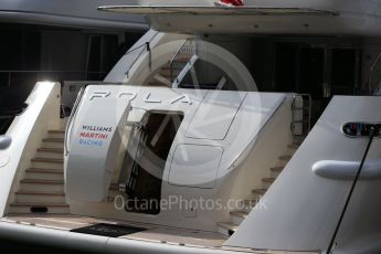 World © Octane Photographic Ltd. Formula 1 - Monaco Grand Prix - Practice 1. Williams Martini Racing yacht. Monte Carlo, Monaco. Wednesday 24th May 2017. Digital Ref: 1830CB2D9673