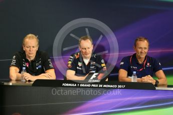 World © Octane Photographic Ltd. Formula 1 - Monaco Grand Prix – FIA Team Press Conference. Andy Green - Technical director at Sahara Force India, Paul Monaghan - Chief Engineer of Red Bull Racing and Jorg Zander – Technical Director of Sauber F1 Team. Monte Carlo, Monaco. Thursday 25th May 2017. Digital Ref: 1833LB5D1004
