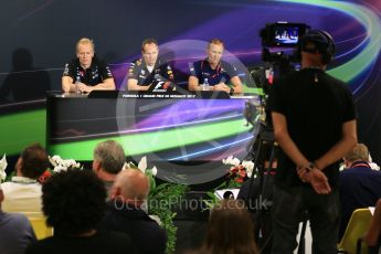 World © Octane Photographic Ltd. Formula 1 - Monaco Grand Prix – FIA Team Press Conference. Andy Green - Technical director at Sahara Force India, Paul Monaghan - Chief Engineer of Red Bull Racing and Jorg Zander – Technical Director of Sauber F1 Team. Monte Carlo, Monaco. Thursday 25th May 2017. Digital Ref: 1833LB5D1009