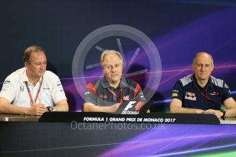 World © Octane Photographic Ltd. Formula 1 - Monaco Grand Prix – FIA Team Press Conference. . Jonathan Neale – Chief Operating Officer at McLaren Technology Group, Gene Haas - Founder and Chairman of Haas F1 Team and Franz Tost – Team Principal of Scuderia Toro Rosso. Monte Carlo, Monaco. Thursday 25th May 2017. Digital Ref: 1833LB5D1050