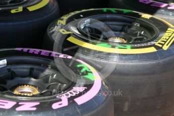 World © Octane Photographic Ltd. Formula 1 - Monaco Grand Prix Setup. McLaren Honda MCL32 wheels and Pirelli tyres. Monaco, Monte Carlo. Wednesday 24th May 2017. Digital Ref: