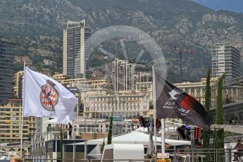 World © Octane Photographic Ltd. Formula 1 - Monaco Grand Prix Setup. F1 and ACM flags with Monaco backdrop. Monaco, Monte Carlo. Wednesday 24th May 2017. Digital Ref: