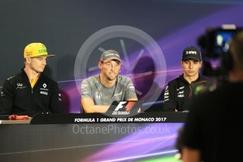 World © Octane Photographic Ltd. Formula 1 - Monaco Grand Prix FIA Drivers’ Press Conference. Nico Hulkenberg - Renault Sport F1 Team R.S.17, Jenson Button - McLaren Honda MCL32 and Esteban Ocon - Sahara Force India VJM10. Monaco, Monte Carlo. Wednesday 24th May 2017. Digital Ref: