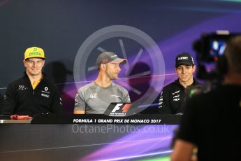 World © Octane Photographic Ltd. Formula 1 - Monaco Grand Prix FIA Drivers’ Press Conference. Nico Hulkenberg - Renault Sport F1 Team R.S.17, Jenson Button - McLaren Honda MCL32 and Esteban Ocon - Sahara Force India VJM10. Monaco, Monte Carlo. Wednesday 24th May 2017. Digital Ref: