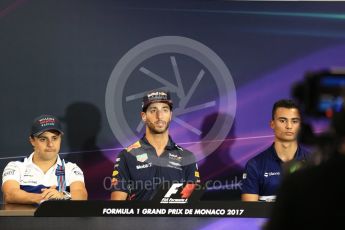 World © Octane Photographic Ltd. Formula 1 - Monaco Grand Prix FIA Drivers’ Press Conference. Felipe Massa - Williams Martini Racing FW40, Daniel Ricciardo - Red Bull Racing RB13 and Pascal Wehrlein – Sauber F1 Team C36. Monaco, Monte Carlo. Wednesday 24th May 2017. Digital Ref: