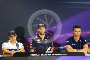 World © Octane Photographic Ltd. Formula 1 - Monaco Grand Prix FIA Drivers’ Press Conference. Felipe Massa - Williams Martini Racing FW40, Daniel Ricciardo - Red Bull Racing RB13 and Pascal Wehrlein – Sauber F1 Team C36. Monaco, Monte Carlo. Wednesday 24th May 2017. Digital Ref: