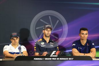 World © Octane Photographic Ltd. Formula 1 - Monaco Grand Prix FIA Drivers’ Press Conference. Felipe Massa - Williams Martini Racing FW40, Daniel Ricciardo - Red Bull Racing RB13 and Pascal Wehrlein – Sauber F1 Team C36. Monaco, Monte Carlo. Wednesday 24th May 2017. Digital Ref: