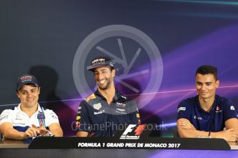 World © Octane Photographic Ltd. Formula 1 - Monaco Grand Prix FIA Drivers’ Press Conference. Felipe Massa - Williams Martini Racing FW40, Daniel Ricciardo - Red Bull Racing RB13 and Pascal Wehrlein – Sauber F1 Team C36. Monaco, Monte Carlo. Wednesday 24th May 2017. Digital Ref: